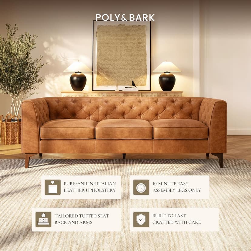 POLY & BARK Essex 89” Full-Grain Italian Leather Sofa – Tufted Back, Feather-Down Comfort, Solid Wood Frame, Cognac Tan