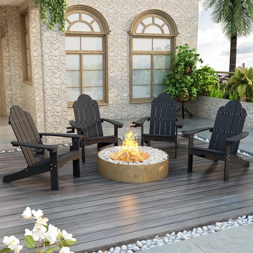 LUE BONA HDPS Adirondack Chairs, 1 Chair, Long-Lasting All-Season Outdoor Patio, Hidden Cup Holder, 350 LBS, Black