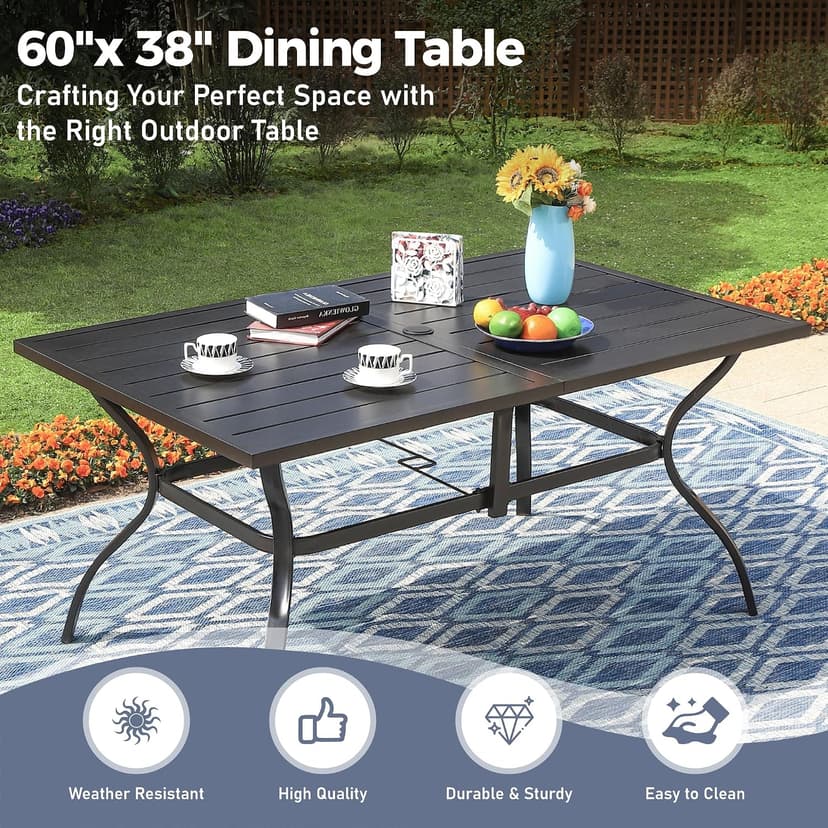 SUNSHINE VALLEY 7 Piece Patio Dining Set for 6, Rectangular Metal Table with Umbrella Hole, 6 Brown Dining Chairs, Outdoor Table and Chairs Set for Lawn Backyard and Deck