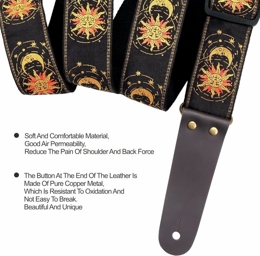 Nefelibata Guitar Strap, Sun & Moon Embroidery Guitar Straps with Head Cowhide Leather Ends for Bass, Electric & Acoustic Guitars, Free Strap Button, 1 Pair Strap Locks and 4 Guitar Picks
