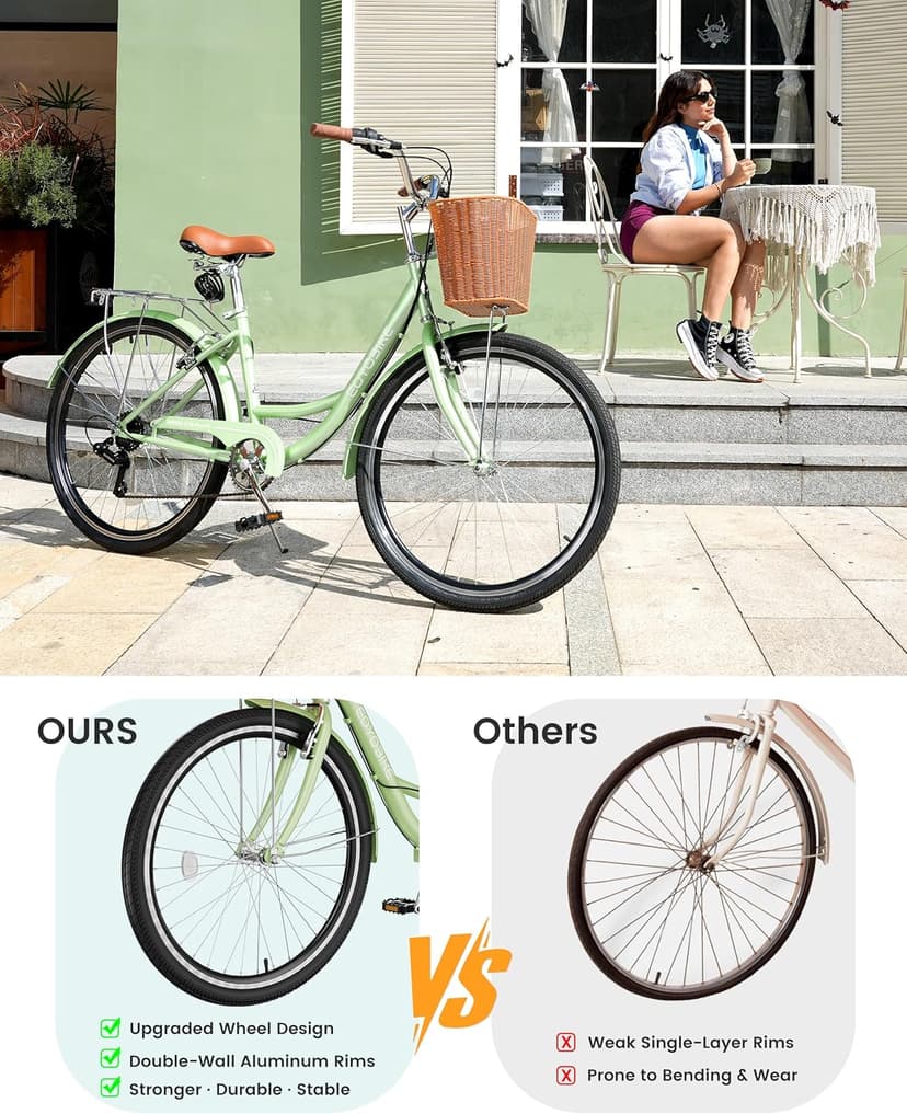 MOONCOOL Womens Bike 7 Speed, 24 26 inch Beach Cruiser Bikes for Women, Step Through Adult Bicycle with Front Basket for City Commuting