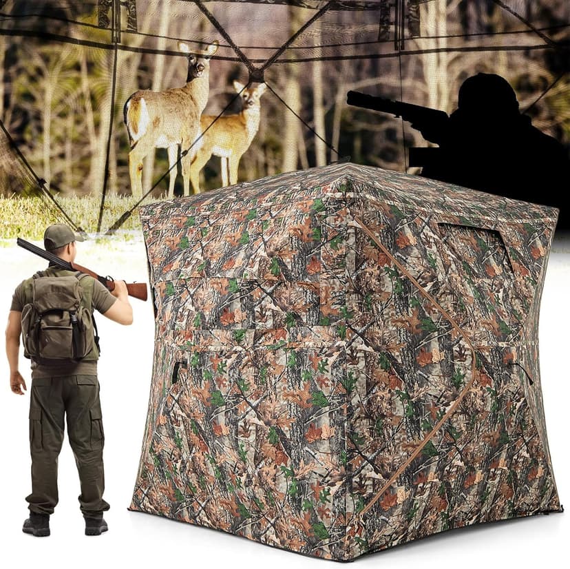 Tangkula Extra Tall 3-4 Person Hunting Blind, 270 Degree See Through Ground Blind with Silent Slide Windows, Zippered Door, Carry Bag, Pop Up Deer Blind for Turkey Hunting, Camouflage