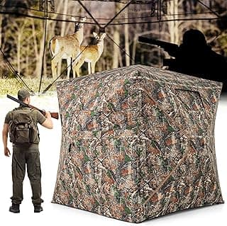 Tangkula Extra Tall 3-4 Person Hunting Blind, 270 Degree See Through Ground Blind with Silent Slide Windows, Zippered Door, Carry Bag, Pop Up Deer Blind for Turkey Hunting, Camouflage