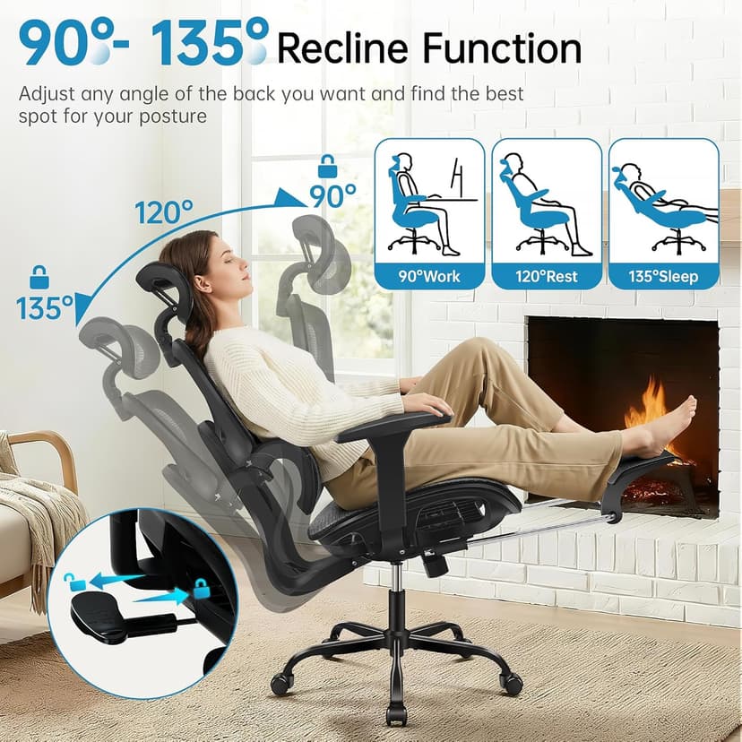 AreShark Office Chair Ergonomic Desk Chair,High Back Computer Chair with 3D Headrest & Armrests,Gaming Chair with Lumbar Support,90-135°Tilt Lock Mesh Office Chair with Footrest,Wheels,Black