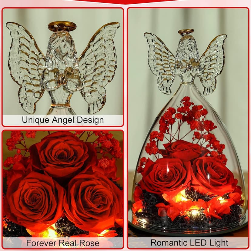 Mothers Day Mom Gifts for Women Preserved Flowers in Glass Angel Forever Flowers Gifts Eternal Roses Gifts for Grandma - Red