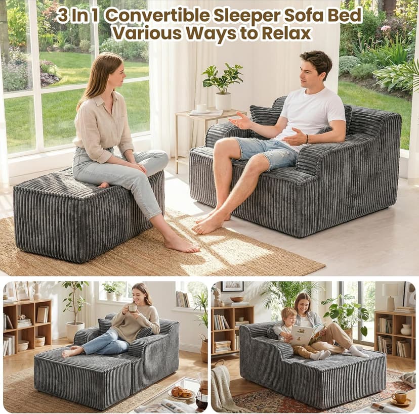 Chaise Lounge Chair Indoor,Boneless Chair with Ottoman,Comfy Reading Chair for Adults,Small Sofa Bed Couch for Living Room,Single Sleeper Chair Bed,Grey