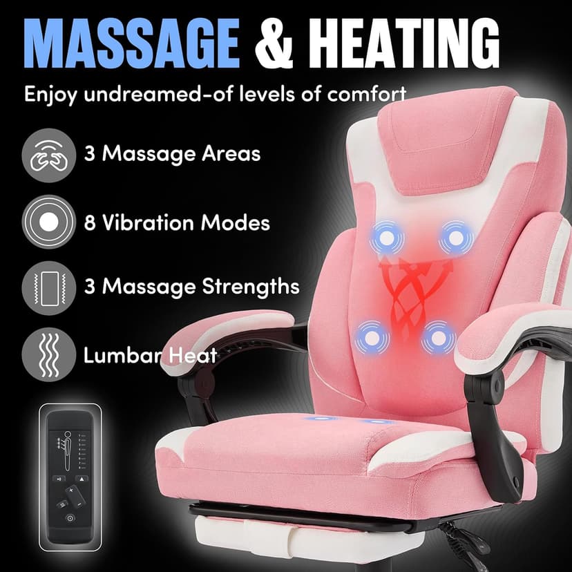 Massage Office Chair with Foot Rest,6-Point Vibration & Heat Executive Office Chairs,Ergonomic Computer Chair for Heavy People,Big and Tall Fabric Office Chair,Recliner with Padded Armrest,Pinkwhite
