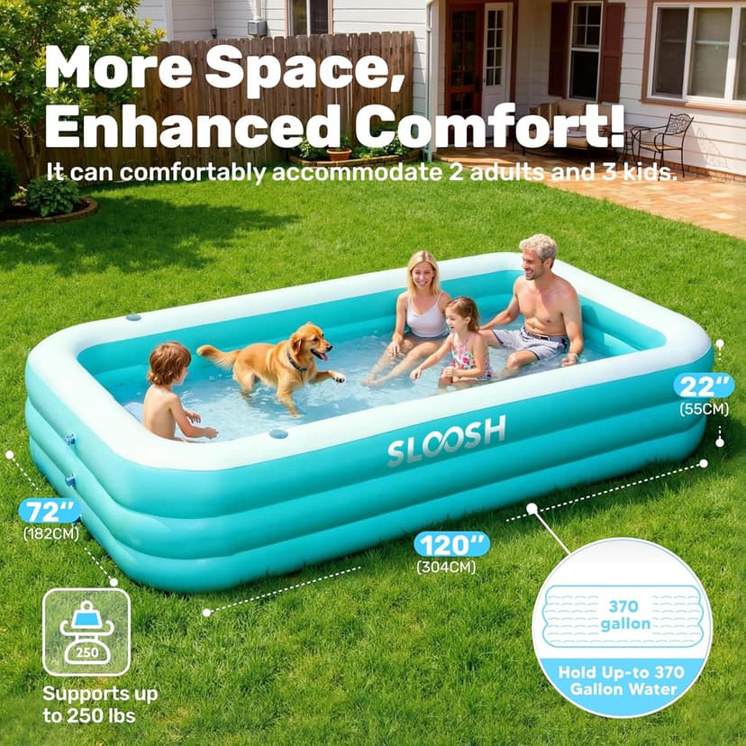 SLOOSH Inflatable Pool for Adults with Seats, 120" x 72" x 22" Full-Sized Blow Up Durable Thickened Above Ground Family Pool, Large Swimming Pools for Backyard Garden Lawn Summer Water Party, Cyan