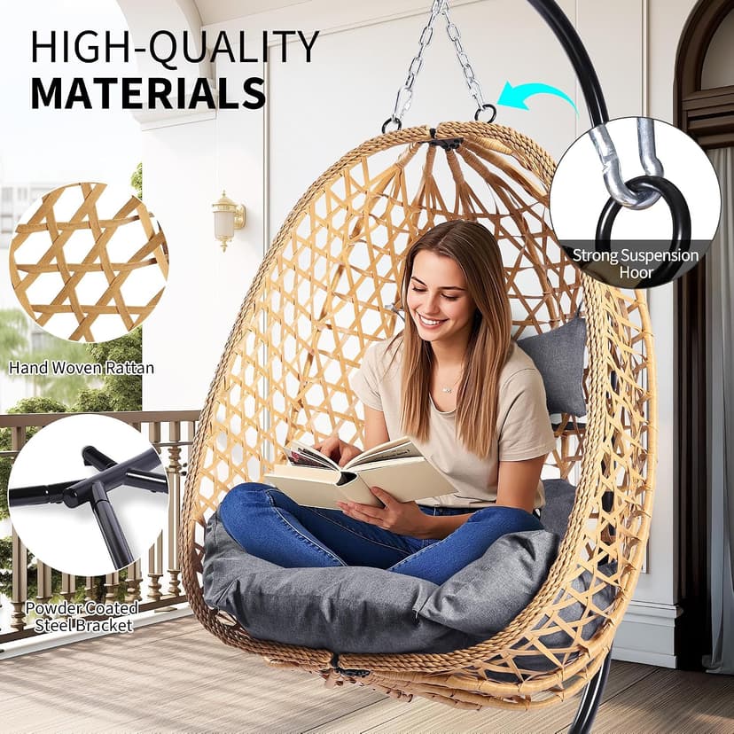 LEX CRAFT Egg Chair with Stand, Patio Wicker Hanging Chair, Hammock Swing Chair, 350LBS Capacity for Bedroom, Balcony, Garden (YE-GR)