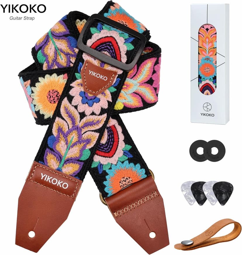 YIKOKO Guitar Strap，2 inch Flower Knit Cotton Guitar Straps with Full Grain Leather End, for Bass Electric and Acoustic Guitars, Free Strap Button, 2 Strap Locks and 4 Guitar Picks