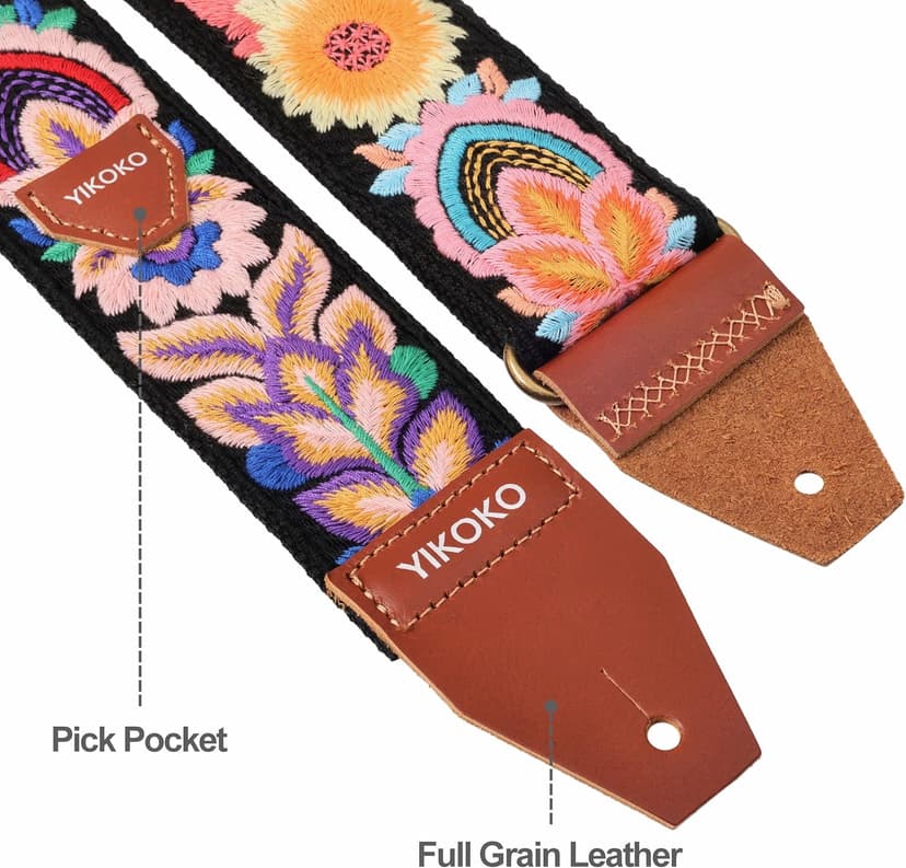 YIKOKO Guitar Strap，2 inch Flower Knit Cotton Guitar Straps with Full Grain Leather End, for Bass Electric and Acoustic Guitars, Free Strap Button, 2 Strap Locks and 4 Guitar Picks