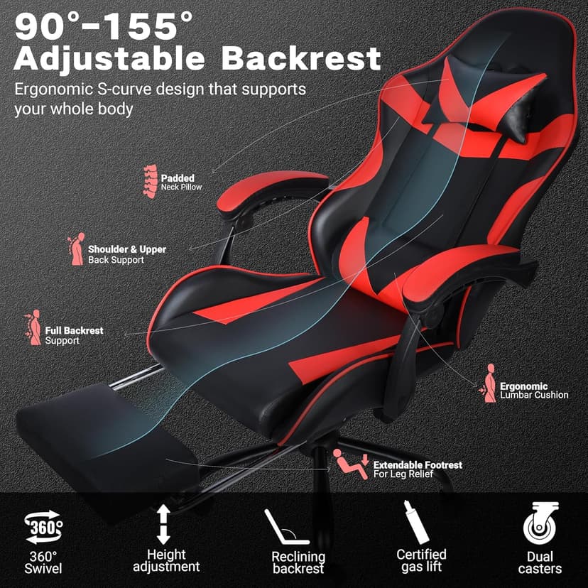 Gaming Chair with Footrest and Lumbar Support, Height Adjustable Chair with 360°Office Desk Chair,Heavy Duty 330lbs Computer Chair for Adults