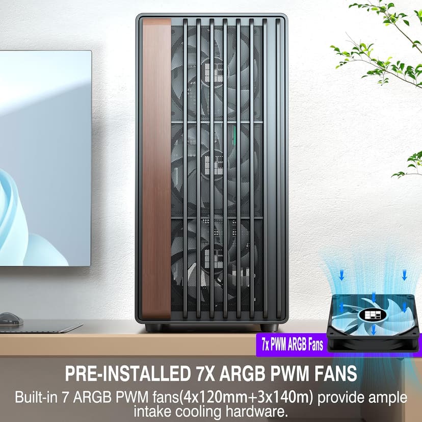 FOIFKIN M2 PC Case -Genuine Walnut Wood Front Panel Pre-Installed 7 PWM ARGB Fan (3x140mm+4x120mm), 360MM RAD Support, ATX Mid-Tower Gaming PC Case, with Type-C,FOIFKIN (Black, M2)