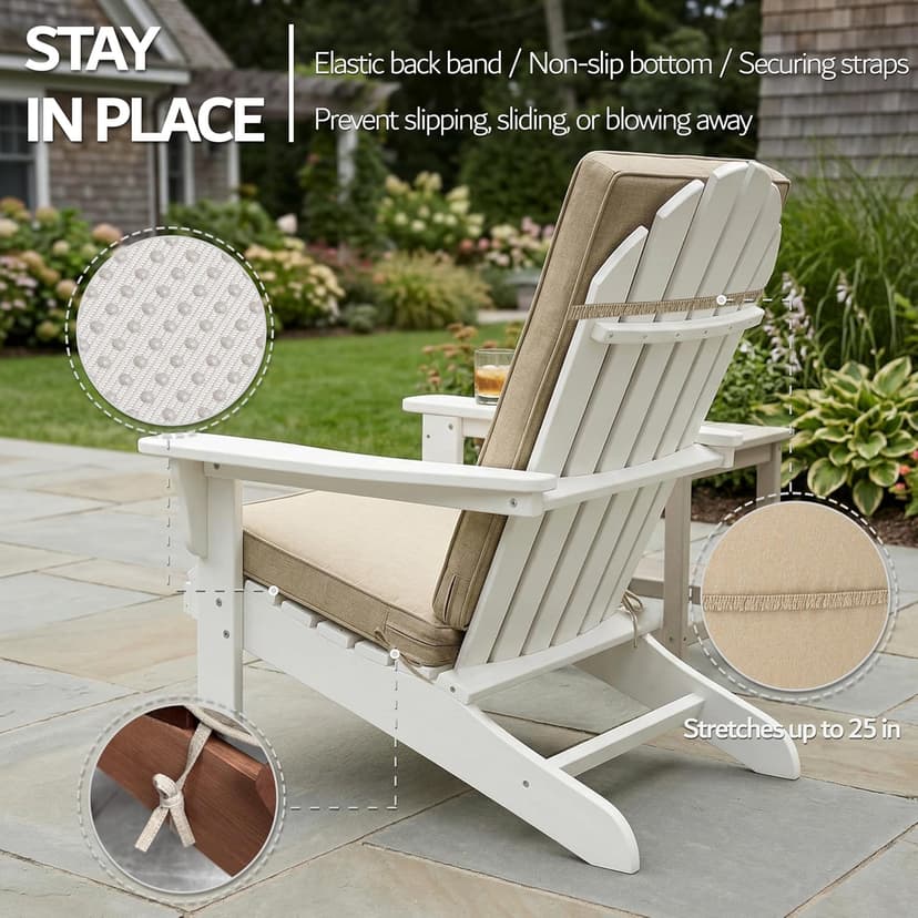 Adirondack Chair Cushions Set of 2 - Removable Covers, Water-Repellent & Fade-Resistant Faux Linen, Securing Straps, Non-Slip Bottom, Fit for Most Outdoor Adirondack & Rocking Chairs - Nature