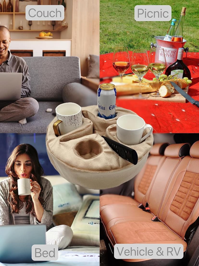 Xchouxer Couch and Bed Cup Holder Pillow, Sofa Organizer Caddy for Drinks, Remotes, Phones, Snacks (Beige) B0BWJ7W36N