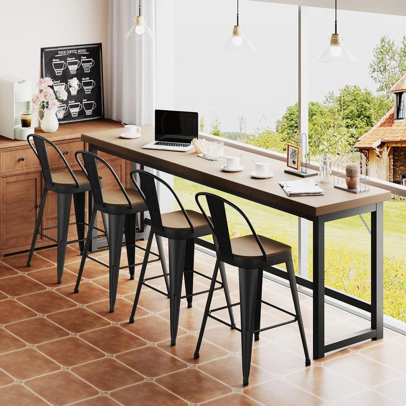 ALISH 26 Inch Industrial Bar Stools Set of 4, High Back Metal Barstools with Large Wood Seat, Counter Height Bar Chairs for Kitchen Island (26 Inch Set of 4, Black)