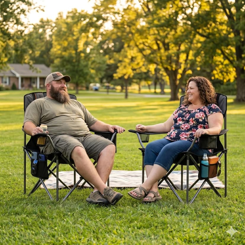 FAIR WIND 2 Pack Fully Padded Oversized Camping Chair Heavy Duty Lawn Chair Set with Adjustable Lumbar Support, Cooler Bag & Cup Holder for Camp, Outdoor,Sports - Support 500LBS