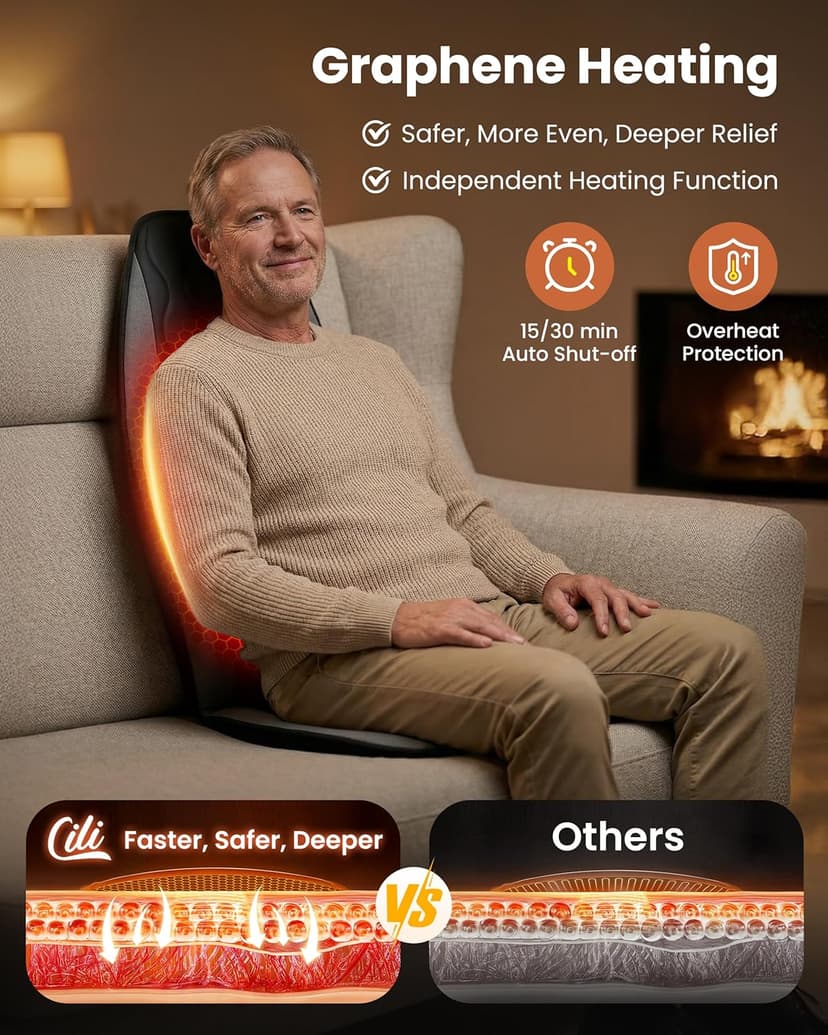 CILI Vibration Massage Chair Pad, Quiet Back Massager for Office Chair, Sofa & Recliner, Independent Graphene Heat & Massage Control, Fathers Day Gift for Back Pain Relief (Vibration Only)
