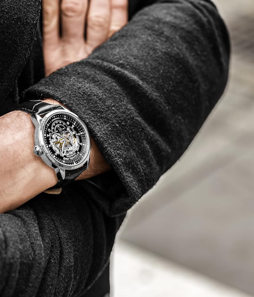 Stuhrling Original Mens Automatic Skeleton Watch - Black Leather Strap, Mechanical Silver Executive Watch
