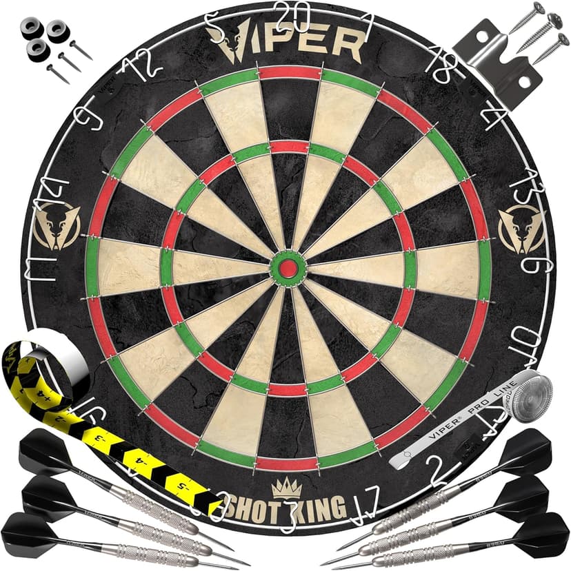 Viper by GLD Products Shot King Regulation Bristle Steel Tip Dartboard Set with Bullseye Metal Radial Spider Wire Compressed Sisal Board with Rotating Number Ring Includes 6 Darts Black