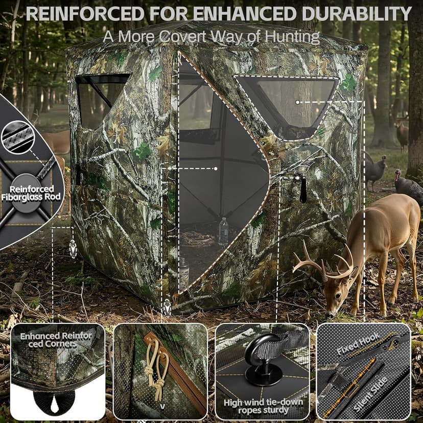 Hunting Blind, 360 Degree See Through Pop Up Deer Blind for 1-2 Person, Silent Sliding Windows,Ground Blind with Carry Bag, Camouflage Hunting Tent for Deer Turkey Duck Hunting