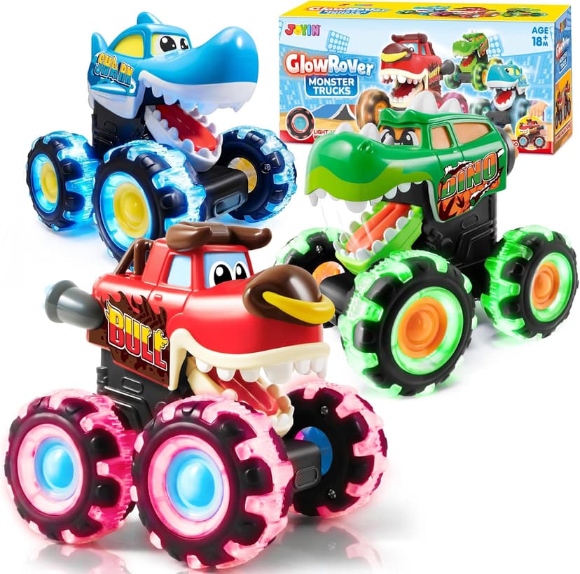 JOYIN 3 Pack Monster Truck Toy - Motion Activated Light Up Cars for Toddlers - Monster Glow Rover LED Wheels - Baby Boy Toys - Press and Go Dinosaur Trucks for Kids Boys Birthday Gifts for Christmas
