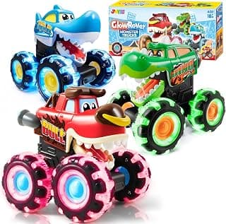 JOYIN 3 Pack Monster Truck Toy - Motion Activated Light Up Cars for Toddlers - Monster Glow Rover LED Wheels - Baby Boy Toys - Press and Go Dinosaur Trucks for Kids Boys Birthday Gifts for Christmas