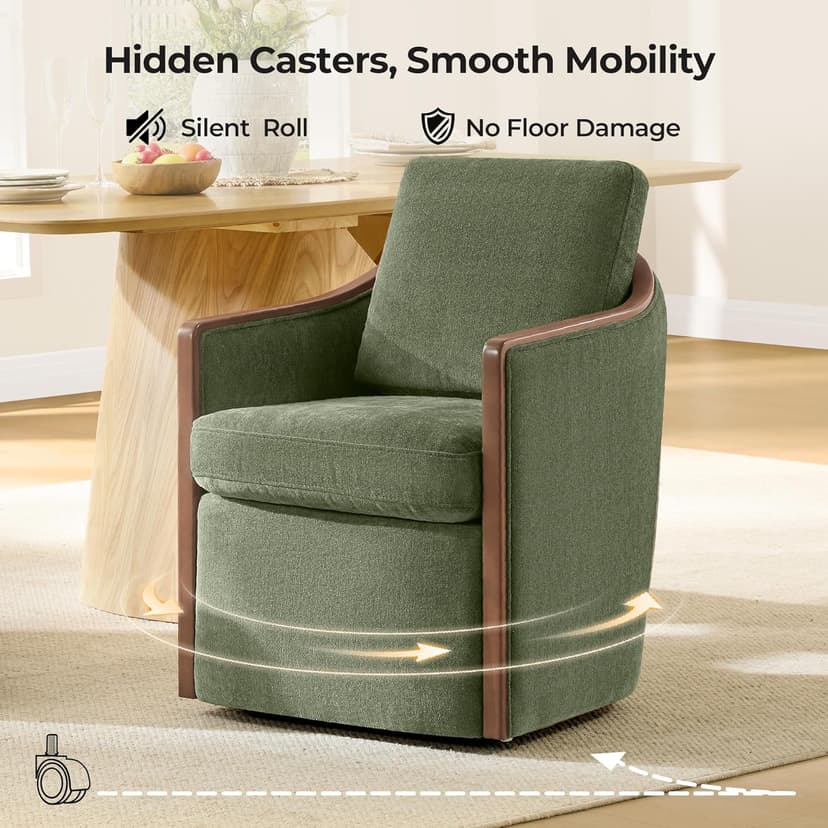CHITA Upholstered Dining Chairs Set of 2 with Hidden Casters, Modern Dining Chair with Backrest & Wood Armrest, Chenille Barrel Chairs for Dining Room, Kitchen Chairs Fully Assembled, Moss Green
