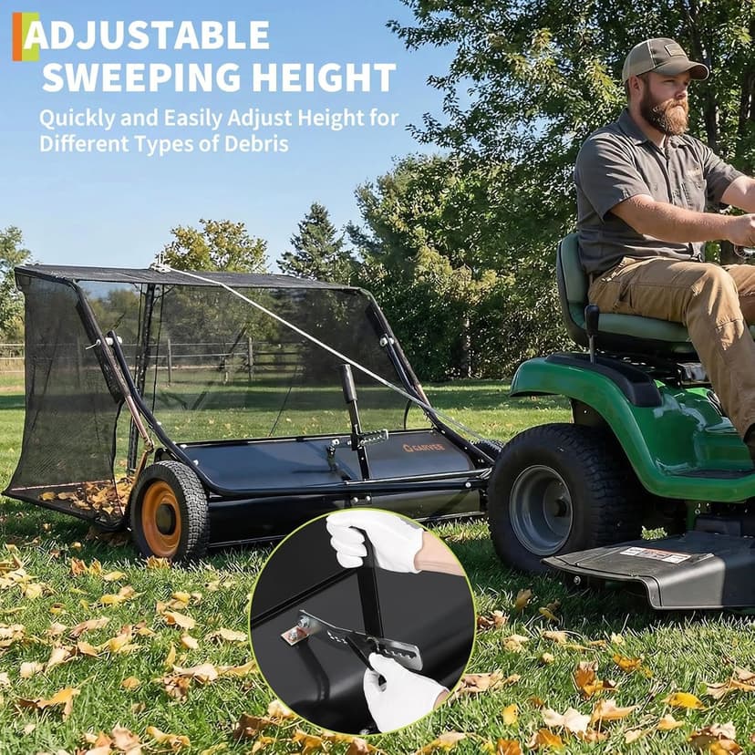 44 Inch Tow Behind Lawn Sweeper, 26 cu. ft. Large Pull Behind Grass Sweeper Heavy Duty Leaf & Grass Collector with Dumping Rope Design, Adjustable Sweeping Height for Yard and Grass Cleanup Tool