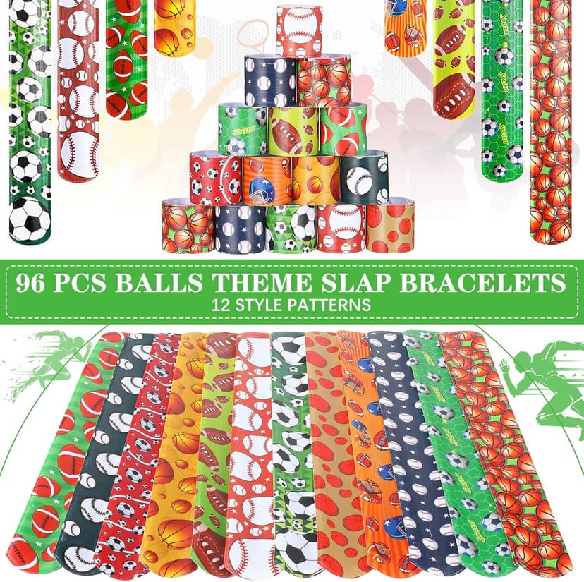Deekin 48 Pcs Sports Party Favors Slap Bracelets Football Baseball Soccer Snap Bracelet Bands Slap Bands Colorful Decorations for Kids Birthday Party Supplies, 8.8 x 1.2 Inch