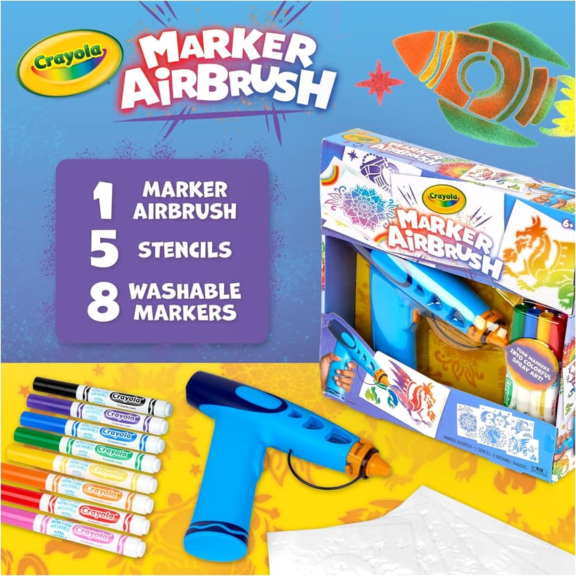 Arts & Crafts Toys for Kids, Birthday, Holiday Gifts for Girls & Boys 6+, Battery-Powered Sprayer Kids Activities Crayola Marker Airbrush Spray Art Kit, 8 Washable Markers, 5 Stencils B0DTB2N2D9