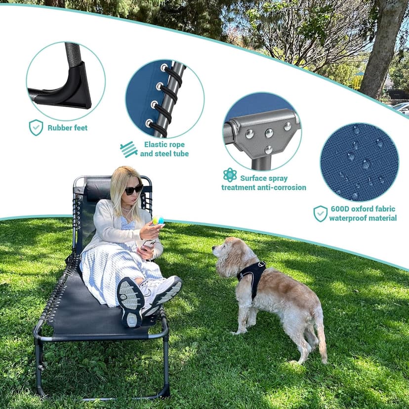 #WEJOY Folding Lounge Chair Outdoor, 5-Position Adjustable Sunbathing Tanning Chair with Shoulder Strap & Side Pocket, Heavy Duty Reclining Chair for Patio Pool Camping, Portable Folding Bed Cot,Blue