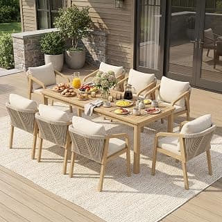 Wisteria Lane 9 Pieces Acacia Outdoor Patio Table and Chairs Set for 8, Patio Outdoor Dining Table Set with Cushion, Modern Outdoor Patio Table Set for Lawn Backyard Garden Deck, Beige