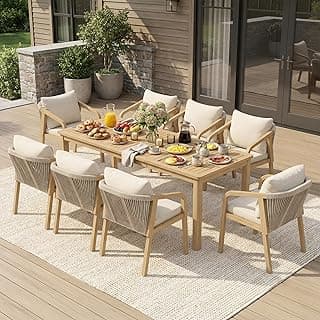 Wisteria Lane 9 Pieces Acacia Outdoor Patio Table and Chairs Set for 8, Patio Outdoor Dining Table Set with Cushion, Modern Outdoor Patio Table Set for Lawn Backyard Garden Deck, Beige