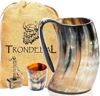 Food-Safe Lacquer Lining, Handcrafted, Burlap Sack & Bottle Opener Included, Medieval Tankard for Mead, Ale, Whiskey Trondebal Viking Drinking Horn Mug 15-20 oz Ox Horn Beer Cup, Gift for Men B07Y3BZWPY