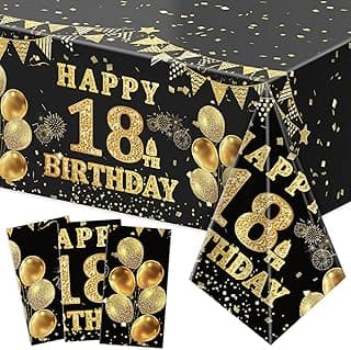 Labeol 3 Pack 18th Birthday Tablecloth, Black and Gold Happy 18th Birthday Decorations, Disposable Plastic Rectangular Table Cover Party Supplies for Boys Girls