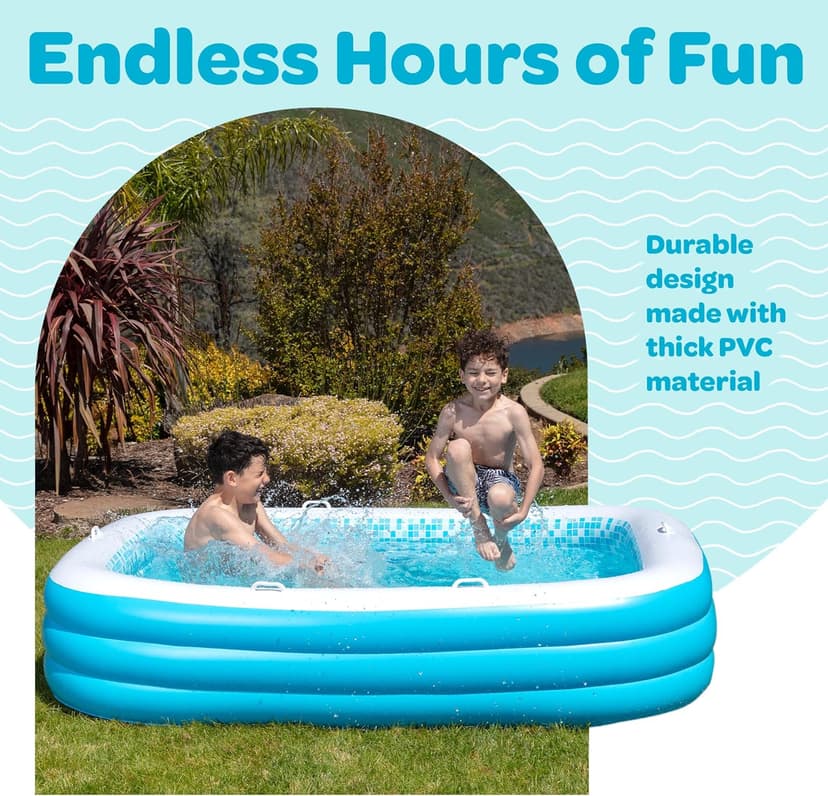 Premium Large Inflatable Pool with Soft Floor, Handles and Drain for Adults and Kids, 90"x60"19" Durable Blow Up Outdoor Swimming Pool for Backyard, Summer Gift, Family Size Kids Pool