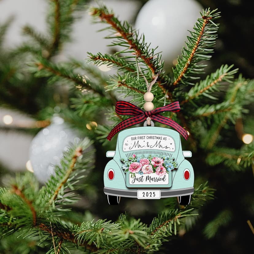 TUMSHANIP First Christmas Married Ornament 2025 - Wedding Ornaments - Wedding Gifts for Couples 2025, Newlyweds, Bride - Mr and Mrs Gifts - Just Married Couple Gift - Wood Ornament