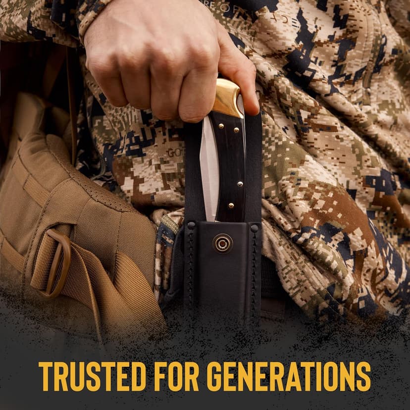 Buck Knives 110 Folding Hunter Knife, 3-3/4" Blade, Lockback Design, Ebony Handle, Brass Bolsters, 420HC Stainless Steel Clip Point Blade, Sheath Included, Hunting Knife Made in the USA, 7.2 oz