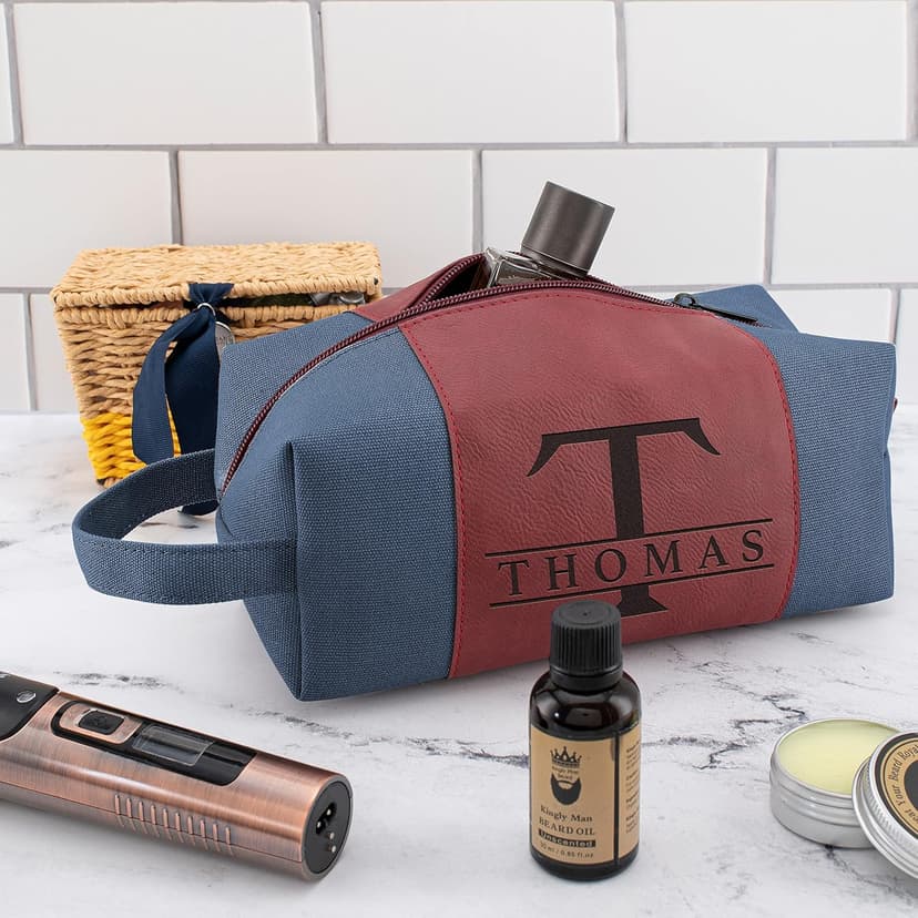 GIFTBYGIFTY Toiletry Bag for Men Personalized, Laser Engraved Initial & Name on Leather, Custom 4 Canvas Colors - Gift for Husband, Dad, Boy Friend, Handcrafted Travel Bag, Waterproof Shaving Dopp Kit