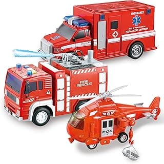 JOYIN Toddler Fire Truck Toys for 3 4 5 6 7 Year Old Boys - Fire Engine, Emergency Vehicle, Kids Firetruck, Friction Powered Car with Lights and Sounds, Christmas Birthday Gifts for Boys Girls Age 3-9