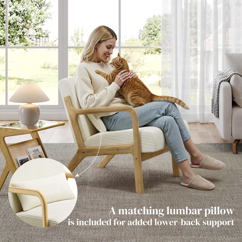 Yaheetech Accent Chair for Living Room, Corduroy Mid Century Modern Reading Armchairs with Lumbar Pillow for Bedroom, Decorative Sofa Chair for Adult Beige/Set of 1