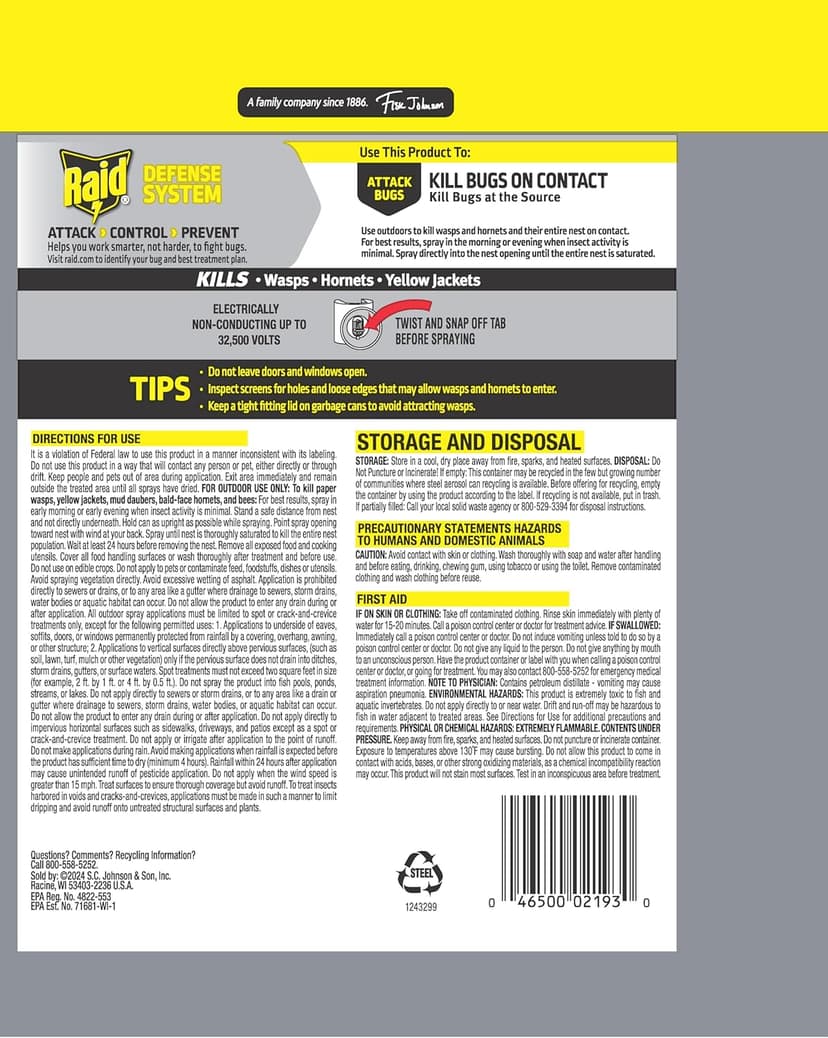 Raid Wasp & Hornet Killer Spray, Kills the Entire Nest, For Paper Wasps, Yellow Jackets, Mud Daubers and more, 14 oz (Pack of 2)