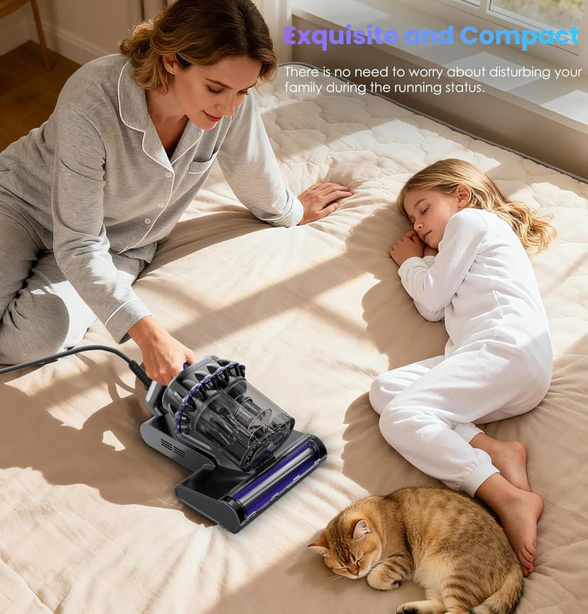 Mattress Vacuum, Bed Vacuum Cleaner with 16Kpa Suction 253.7nm UV-C Light, 145°F Heat & 30000 RPM/Min Tapping, HEPA Filter & Ultrasonic, 600W Powerful Vacuums for Bed, Sofa, Couch(Corded)