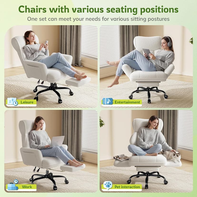 DurayLoly Big and Tall Office Chair with Adjustable Arms and Back, Ergonomic Office Chair with Footrest and Comfortable Fabric for Home Office, Bedroom,White