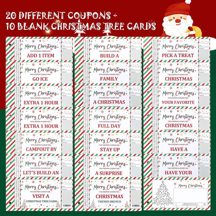 20 Pre-printed Xmas Themed Coupons, 10 Blank Cards, Unique Holiday Activity Rewards Cards, Family Secret Santa Gift Idea DIY Christmas Coupon Book, Fun Holiday Themed Coupons for Family B0DF7L2XBZ
