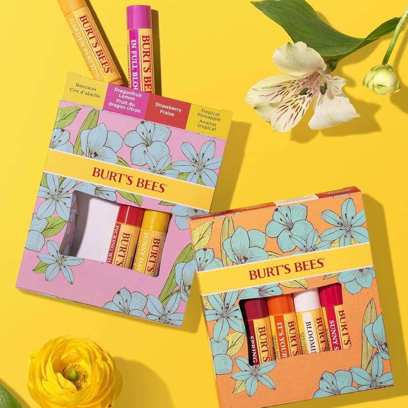 Burt's Bees Gifts Ideas - In Full Bloom Lip Balm Set, Original Beeswax, Dragonfruit Lemon, Tropical Pineapple & Strawberry, Natural Origin Lip Treatment, 4 Tubes, 0.15 oz.