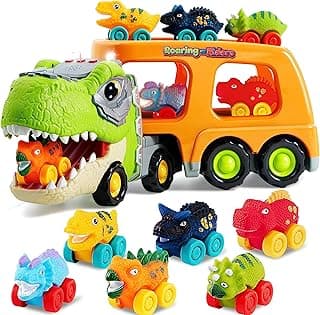 JOYIN Dinosaur Toys for Kids 2-4, Toddler Boy Toys, Dinosaur Carrier Truck with 6 Rubber Car Vehicles, Christmas Birthday Gifts with Music & Lights for 2 3 4 5 Year Old