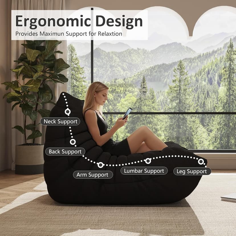 Bean Bag Chair for Adults, Comfy Floor Chair Memory Foam Bean Bag Chair, Cozy Lounge Floor Chair for Gaming, Reading & Relaxation, Small Foam Couch for Living Room, Bedroom(Black,Single)