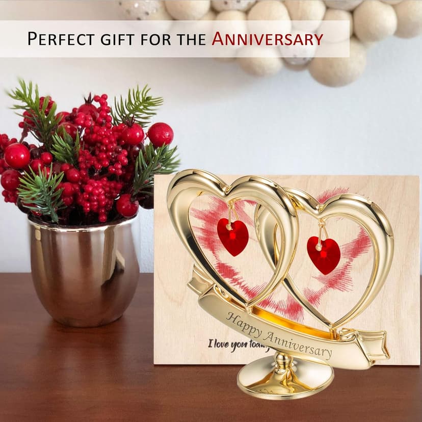 Matashi 24K Gold Plated "Happy Anniversary" Double Heart Table Top Ornament With Red-Cut Crystals